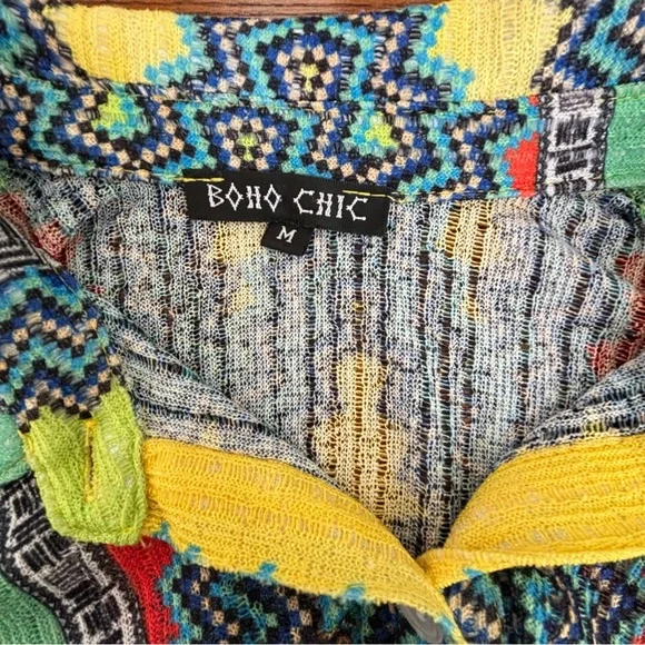 Boho Chic Global Vibe Colorful Patterned  Button-Up Sheer Cover Shirt Women’s M - Picture 5 of 8